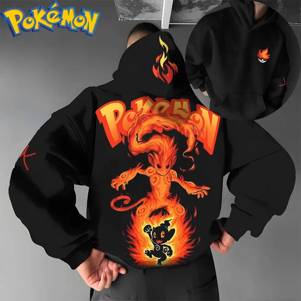 Pokemon Anime Infernape Felpa con cappuccio in cotone Pantaloni Harajuku Set Modello di fiamma arancione nero con design di piccoli personaggi Due pezzi