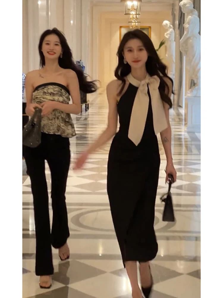 Elegant Neckline Bodycon Dress Women's Summer Fashion Slimming Polyester Skirt Unique Design Celebrity Style Trendy Outfit