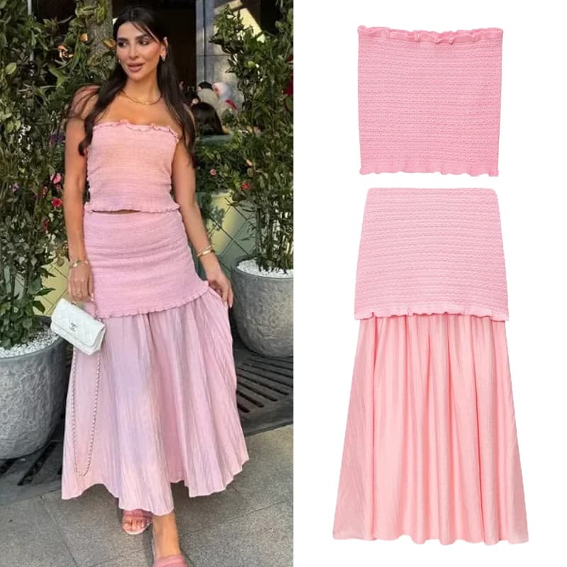 Completo da donna due pezzi rosa casual in maglia, top a fascia slim senza spalline e gonna midi patchwork - Nuovo completo da donna per le vacanze 2026