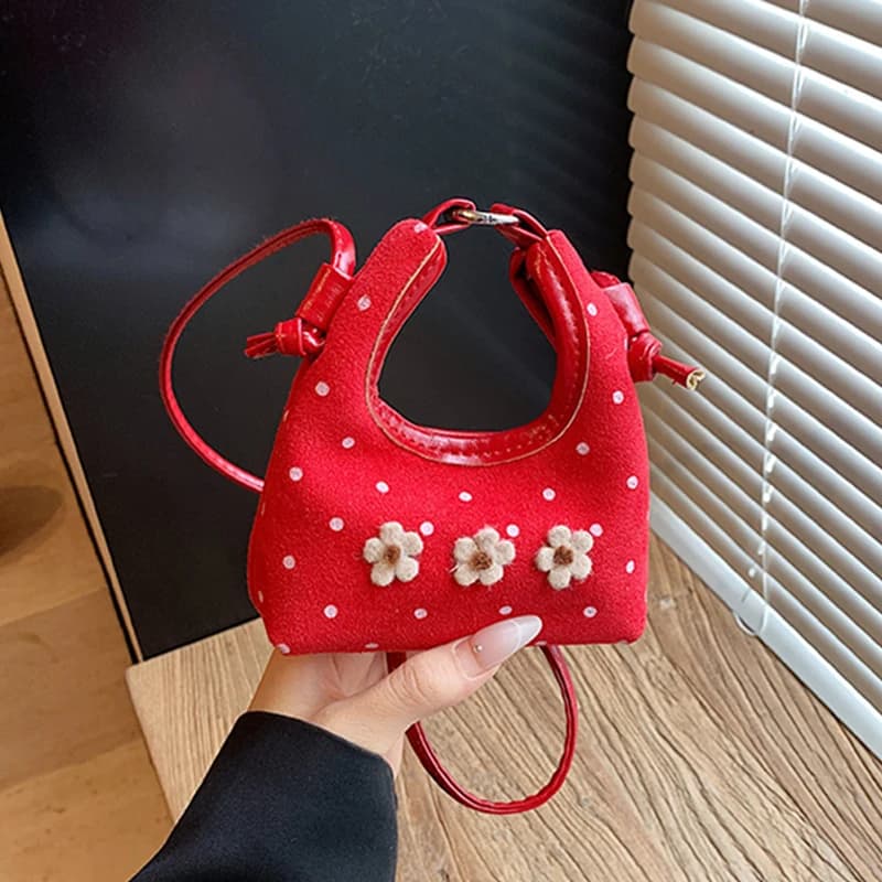 Mini Autumn Winter Sweet Flower Shoulder Bag for Women Faux Leather Lipstick Bag Suede with polka dot print Kids bags