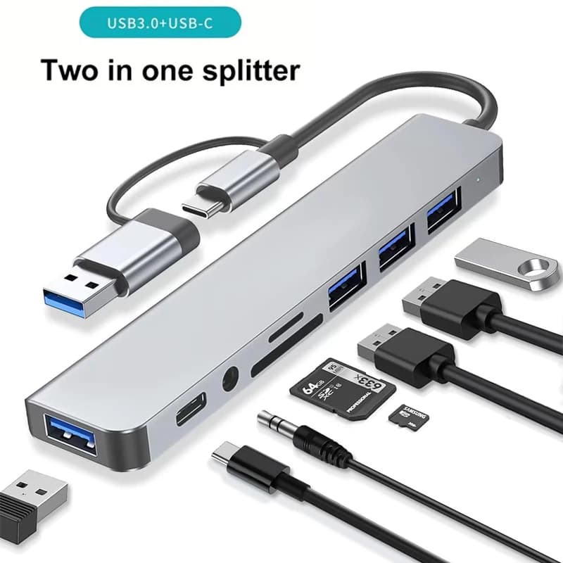 Hub USB 3.0 8 in 1, Adattatore USB e Splitter USB C, Lettore di Schede TF/SD, Uscita Audio Compatibile con MacBook, Laptop e Telefoni