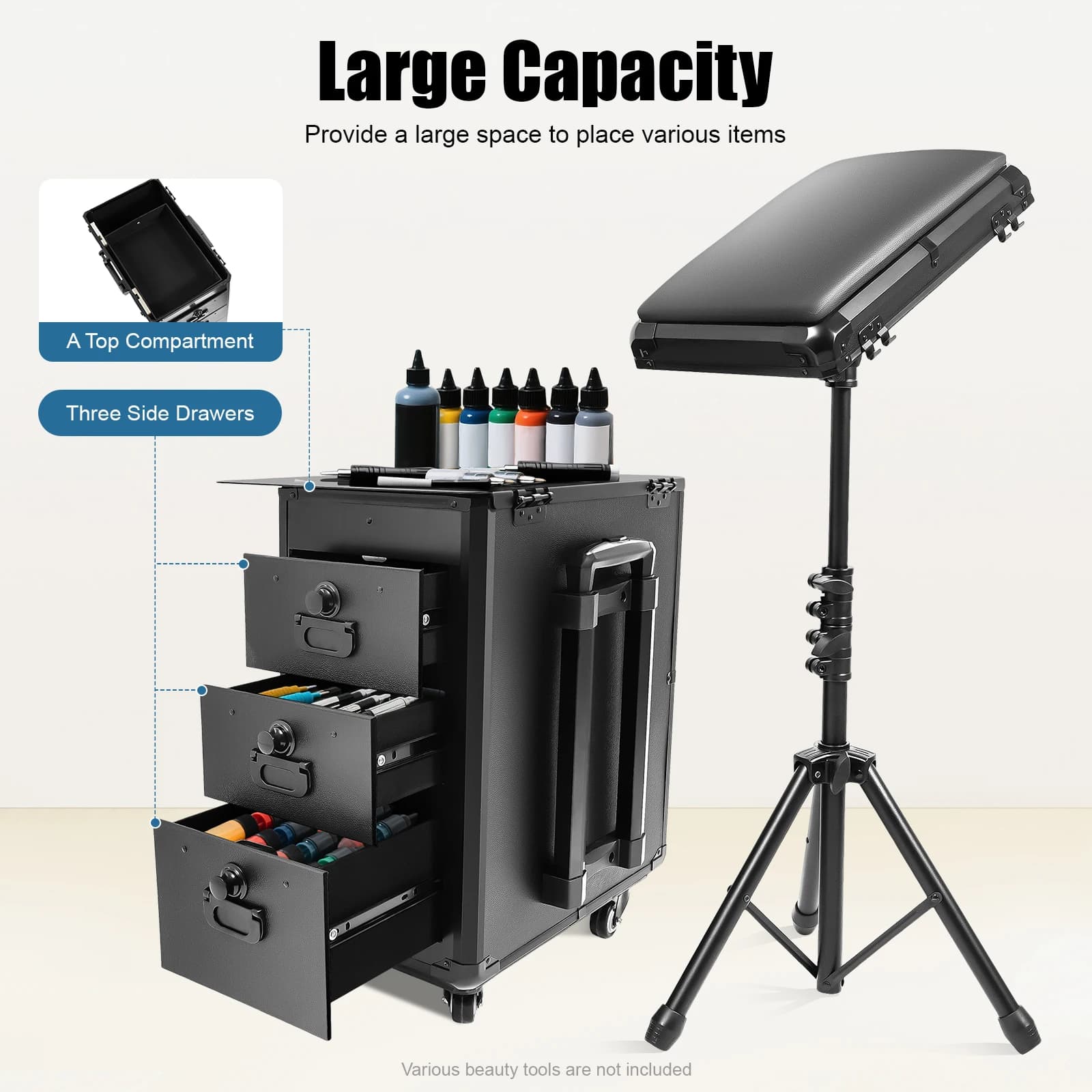Valigia per tatuaggi Custodia per trolley per tatuaggi mobile Custodia per treni per trucco con 3 cassetti per parrucchiere con ricamo per nail art