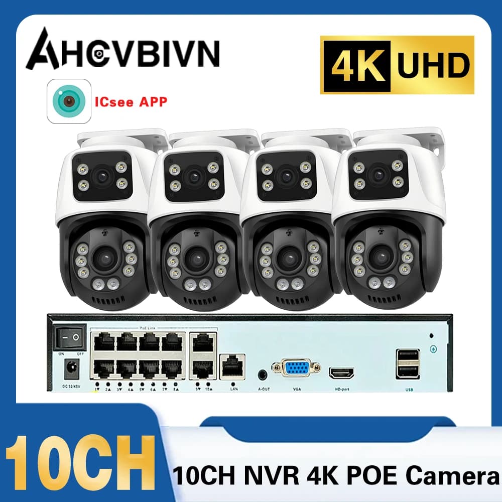 Home IP Video Security Kit 10CH POE NVR 8MP HD with Dual Lens Waterproof Camera PTZ, Security System H.265 XMeye CCTV