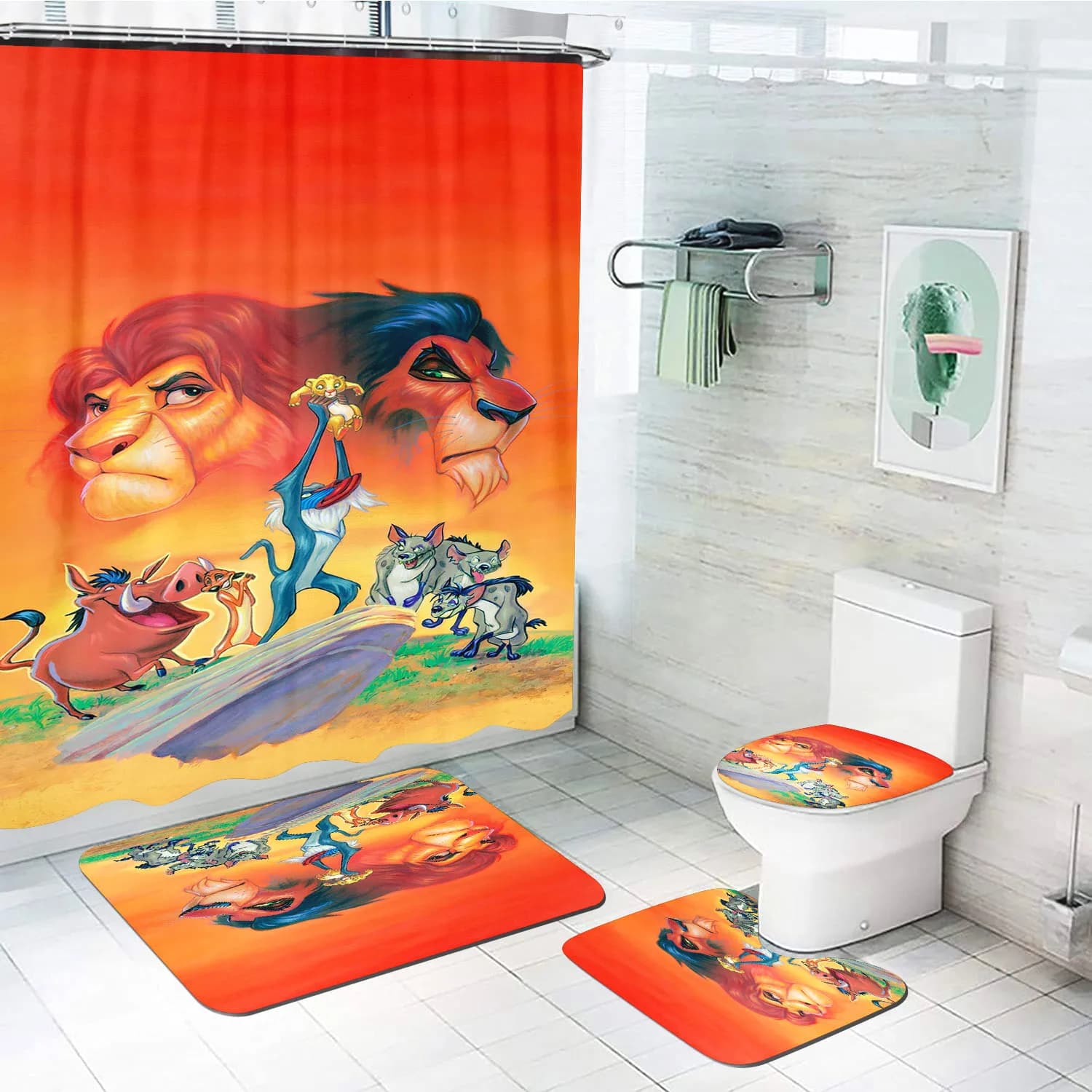 Set da bagno doccia Re Leone Simba Set di accessori di lusso per tende simpatico cartone animato Set di tappetini completi, regali per ragazzi 4 pezzi