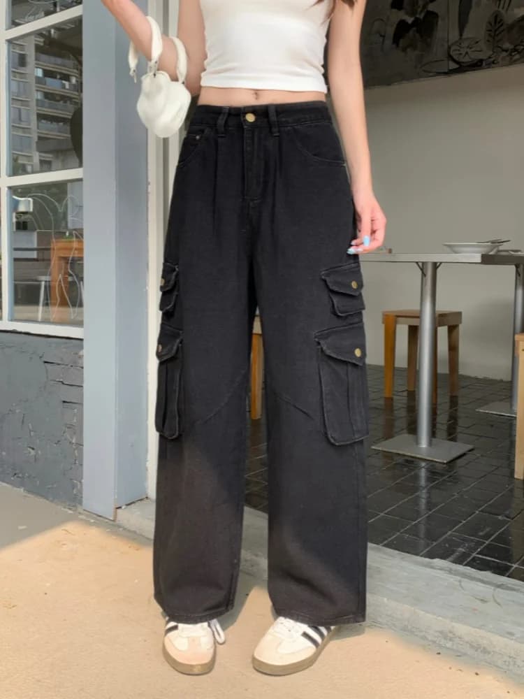 Jeans Cargo Neri Larghi da Donna 2026 Cyber Y2K Streetwear con Multitasche, Pantaloni Lunghi Dritti in Cotone per Abbigliamento Femminile