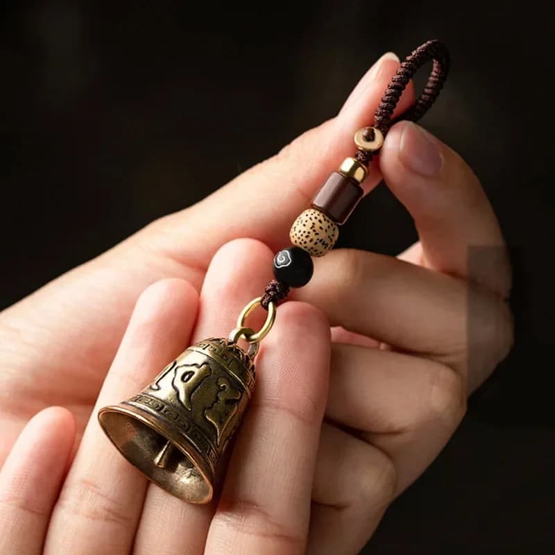 Handmade Vintage Brass Tibetan Buddhism Six-word Mantra Bell Keychains Lanyard Pendants with Rope for Car Key Chain Ring Jewelry