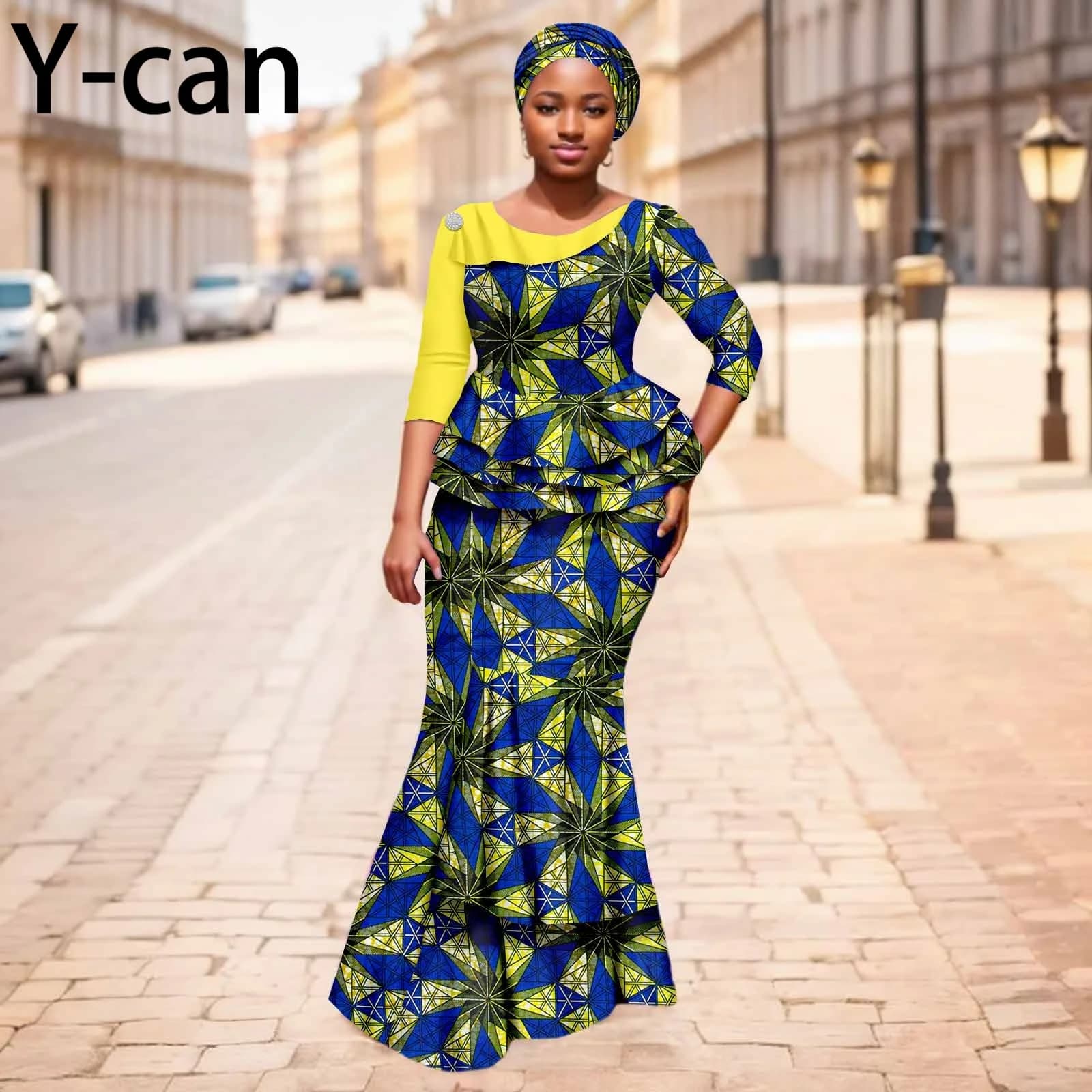 Nuovi abiti africani per donna Top patchwork con stampa Dashiki e gonna a sirena abbinata al turbante Abito tradizionale per festa di nozze 2526004