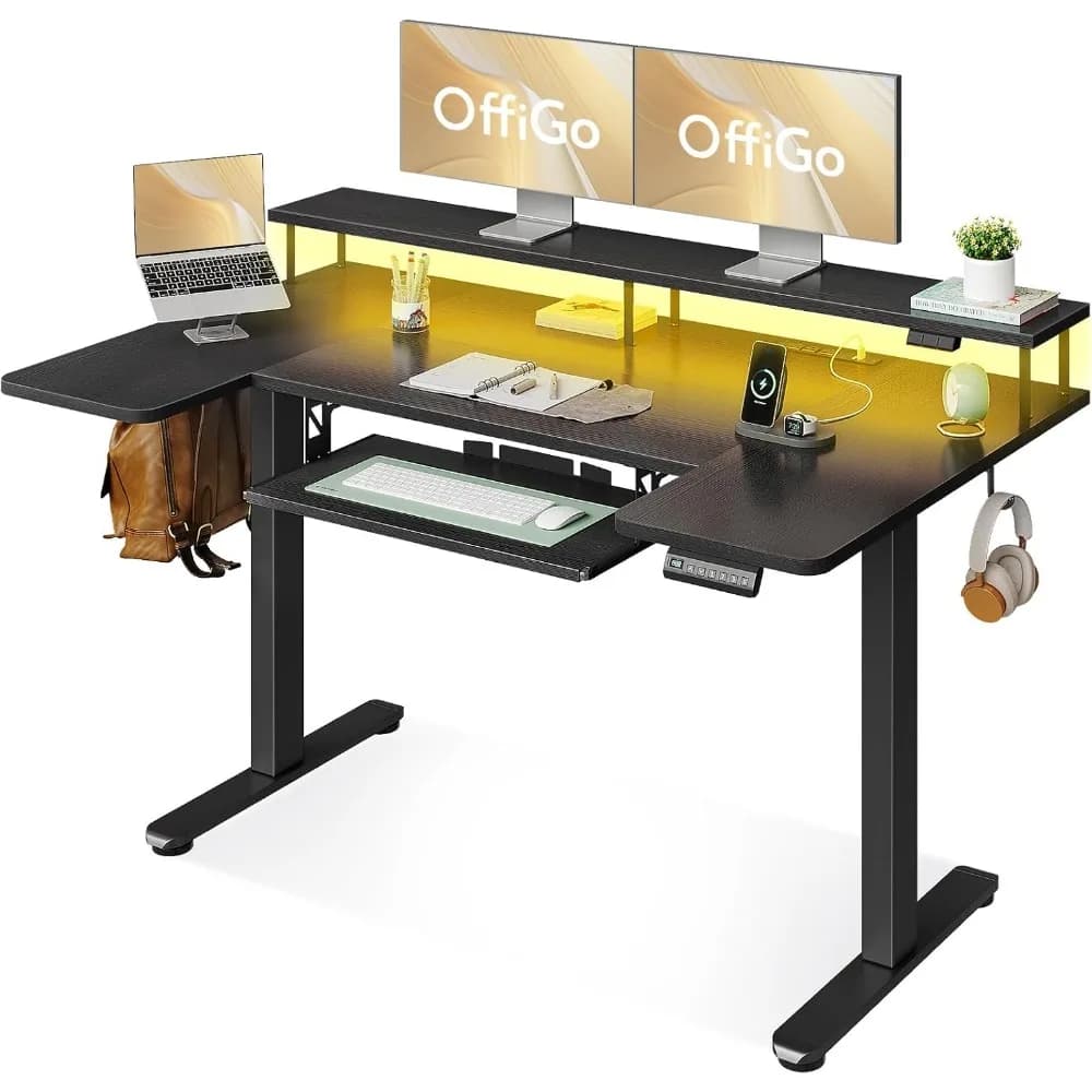 Scrivania Regolabile in Altezza a Forma di U con Vassoio per Tastiera, Prese di Corrente, Luci LED e Supporto per Monitor