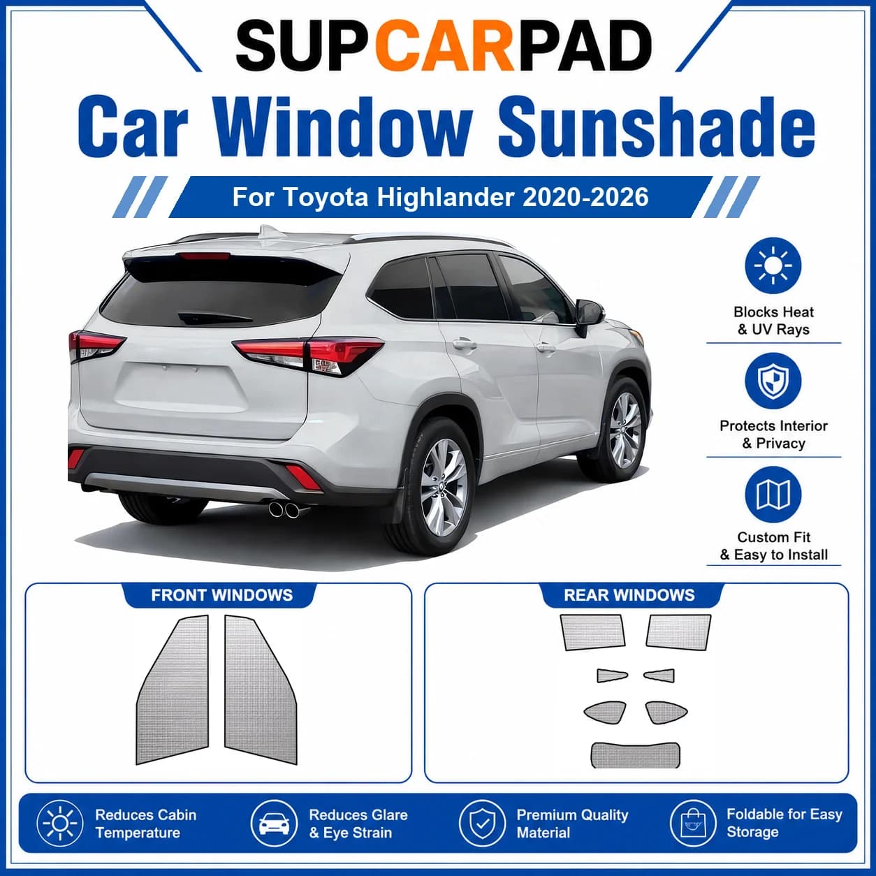 For Toyota - Toyota Highlander 2020-2026 Full Set Car Window Sunshades UV Block Privacy Heat Insulated Foldable Car Curtain