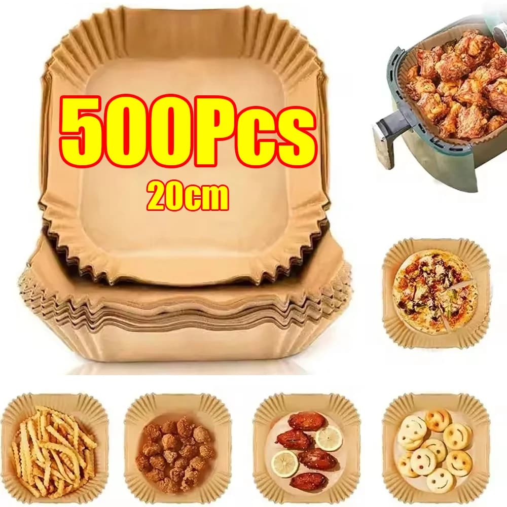 50-500 Pezzi Carta da Forno Monouso per Friggitrice ad Aria, Quadrata e Rotonda, Tappetino per Barbecue, Carta Antiaderente per Forno, Carta Resistente all'Olio