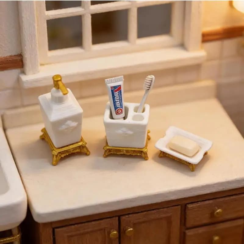 1/3Pcs Nordic Style Lotion Bottle & Soap Dish Mini Toothbrush Holder Model 1:12 Scale Dollhouse Miniature Bathroom Accessory Set