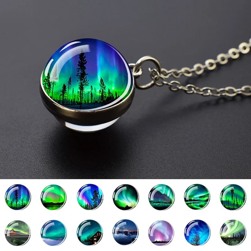 Collana luminosa con pendente a sfera in vetro dell'aurora boreale che si illumina al buio, regalo per l'astronomia dei gioielli