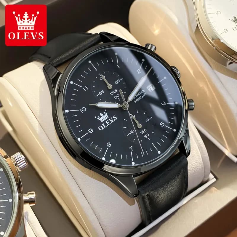 OLEVS men's watches fashion casual chronograph 30 m leather strap waterproof quartz watch for men bright genuine wristwatch