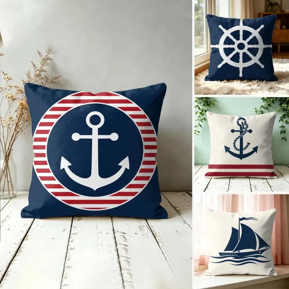 Navy Blue Nautical Ocean Boat Anchor Cushion Cover Square Decorative Throw Pillow 40x40cm Sofa Bedroom Living Room Home Decor