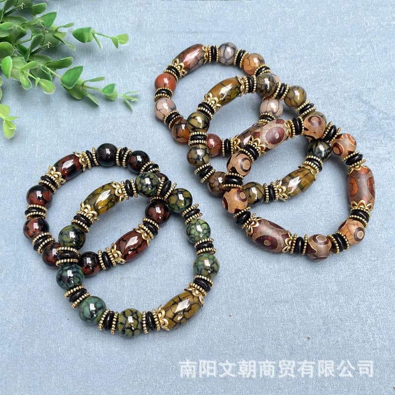 Bracciale da uomo e da donna in stile tibetano Dzi a tre occhi con perline a tamburo grande, modello verde, agata da sogno, onice