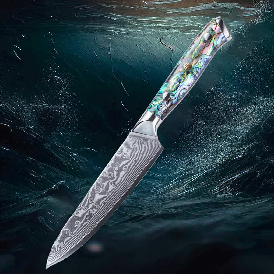 Damascus Utility Knife , Abalone Shell Handle, Super-Sharp Blade, Premium Steel, Multi-Purpose,Kitchen Chef Fruit Knife