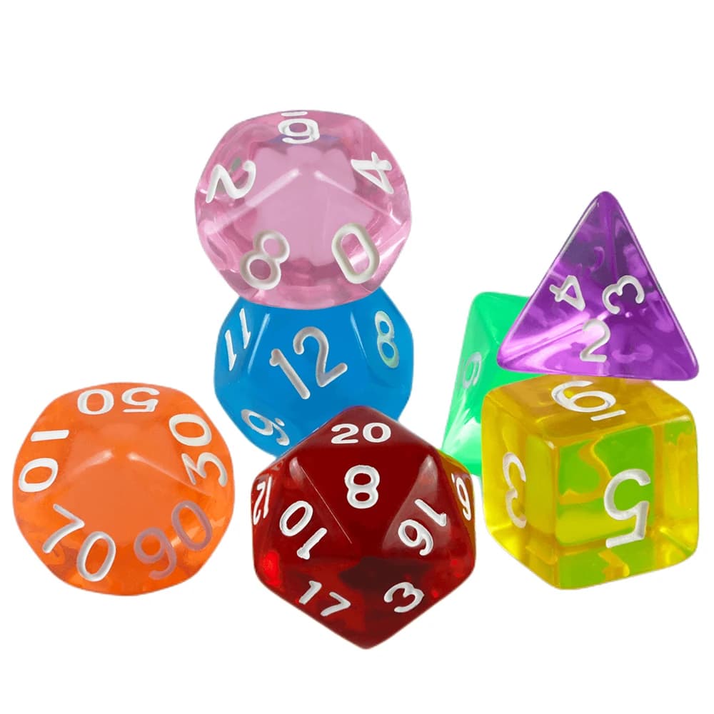 Set di dadi Kit di dadi DND RPG Cubo di alta qualità Vari colori trasparenti Finitura perfetta per DND RPG Dadi Accessori per giochi da tavolo