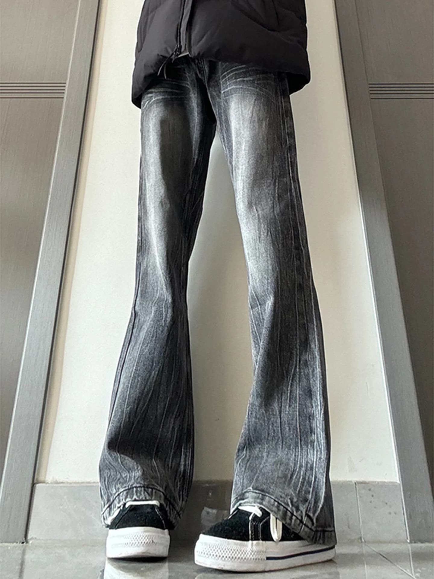 Jeans da Uomo a Vita Alta Foderati in Pile, Stile Americano Invernale, con Motivo a Fulmine, Gamba Dritta e Leggermente Svasata