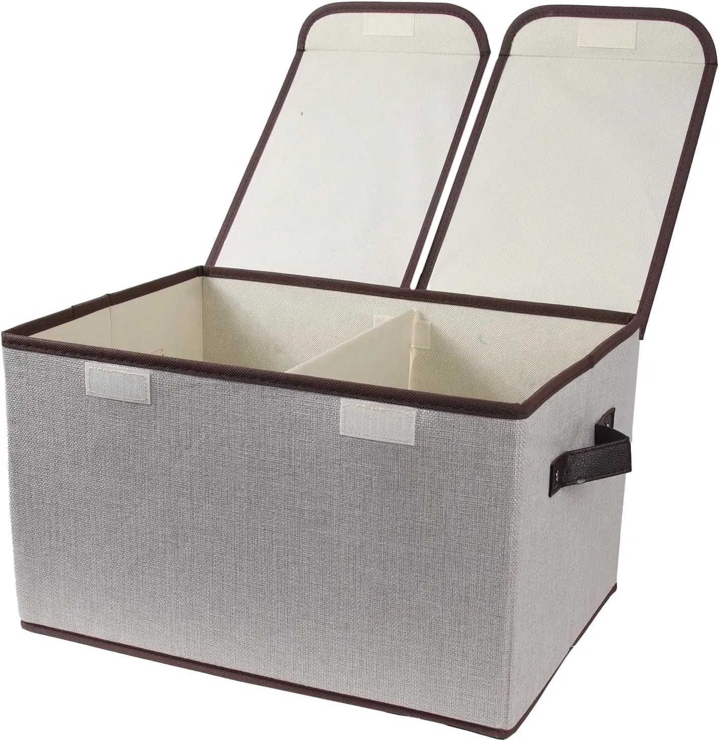 Foldable fabric storage box with double lid and partitions, large organizer for home, closet, office, gray