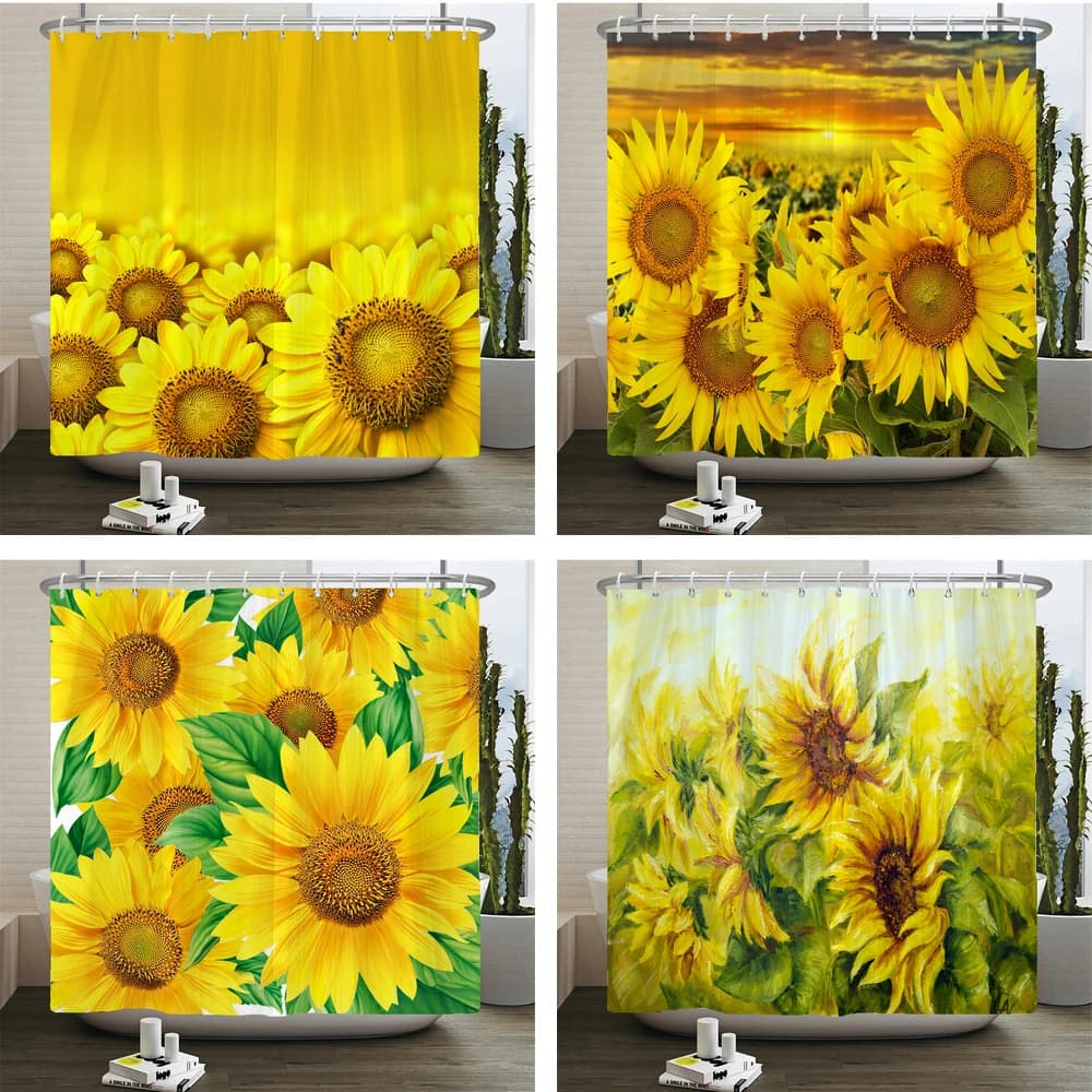 Tenda da doccia con stampa floreale girasole, in tessuto di poliestere impermeabile, con ganci, ad asciugatura rapida, lavabile, per bagno