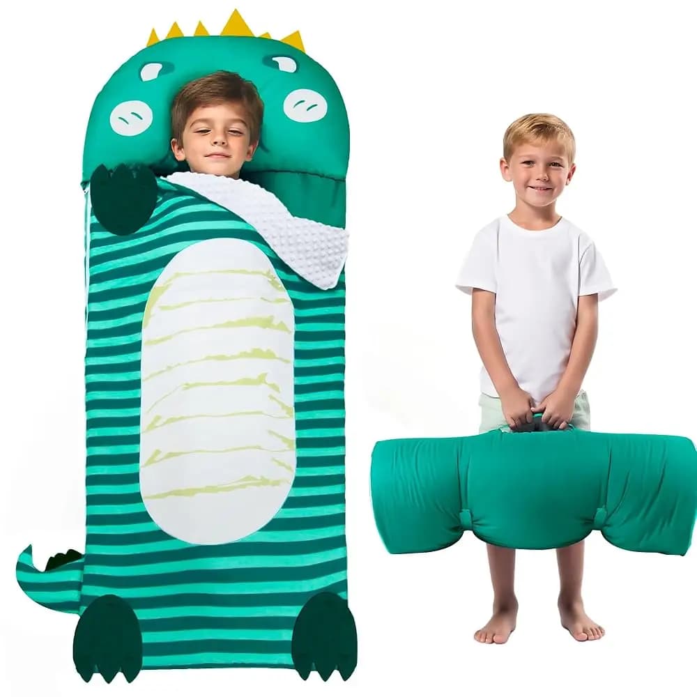 Sacco a Pelo per Bambini con Cuscino Rimovibile, Tappetino per Pisolino Extra Large 70''x30'' a Tema Dinosauro, Sacco a Pelo Morbido per Asilo Nido