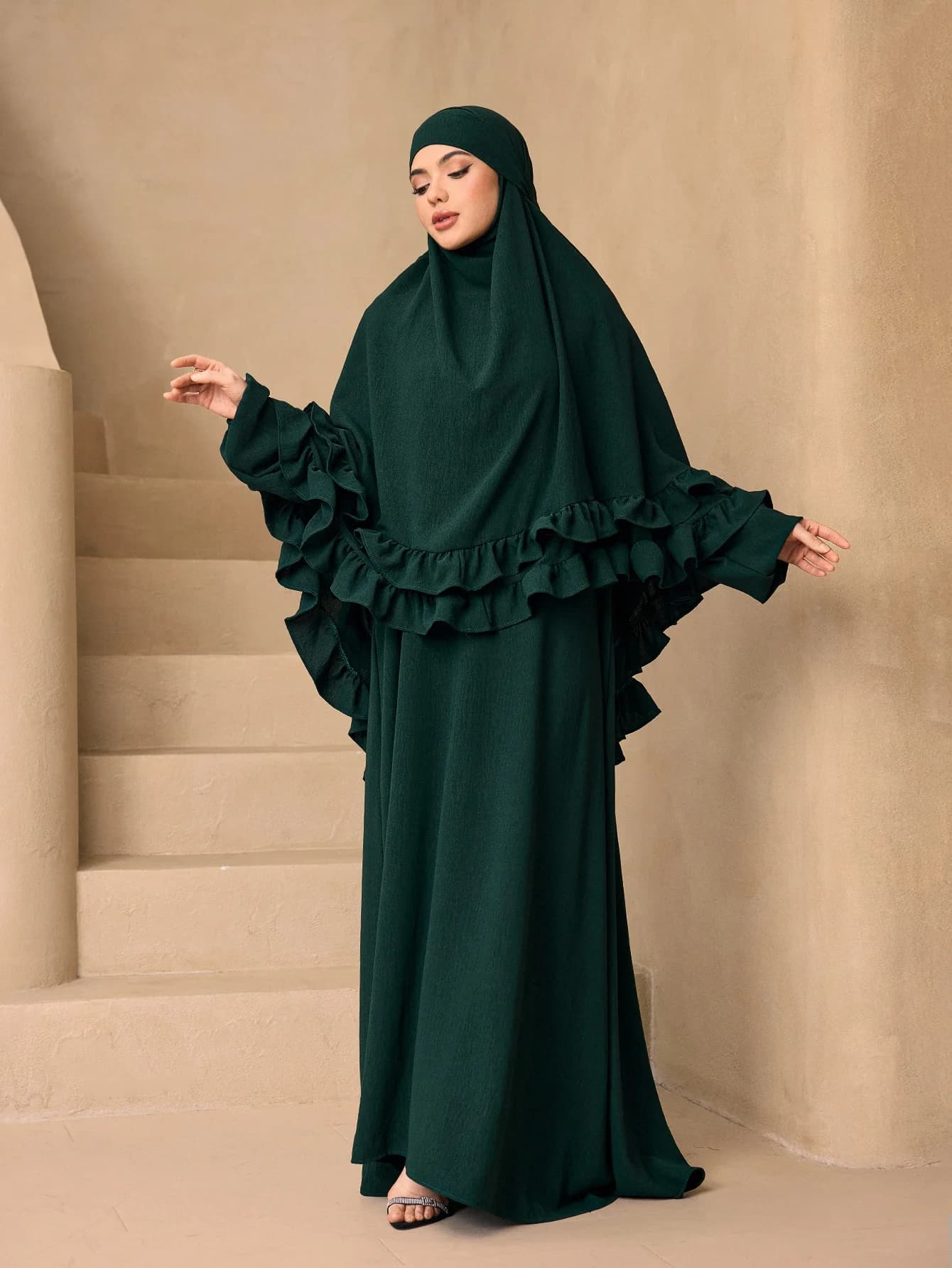 Elegant Ruffle Layer Khimar Abaya Two Piece Set,Loose Modest Long Prayer Dress With Flounce Hijab For MuslimWomen Eid Daily Wear