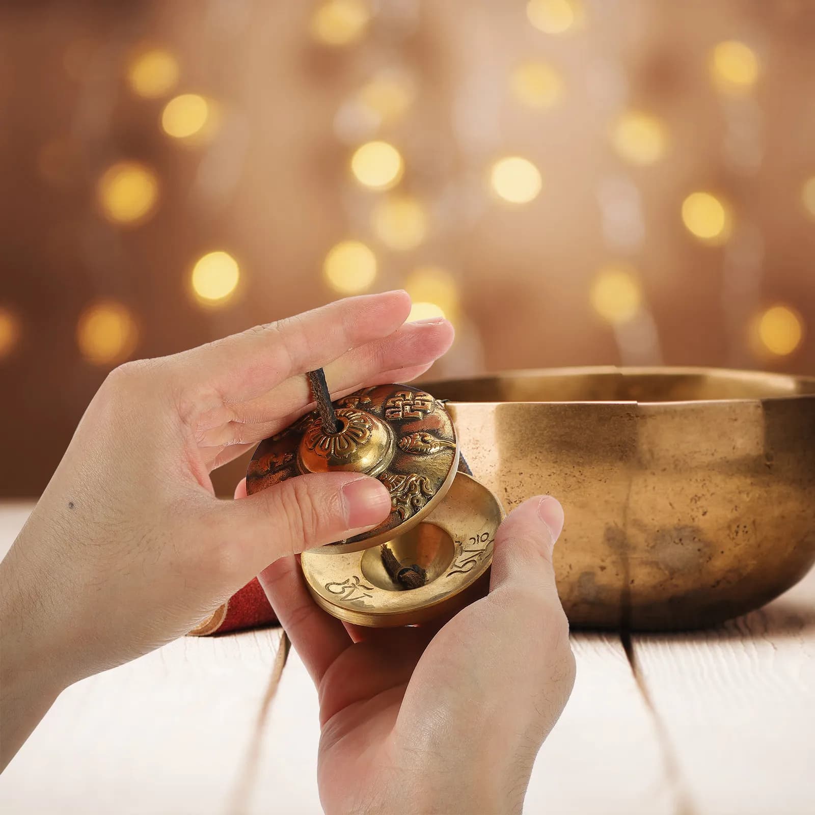 Copper Tibetan Bell Hand Crash Cymbal on String Unique Design Meditation Tool for Yoga Classes Relaxation