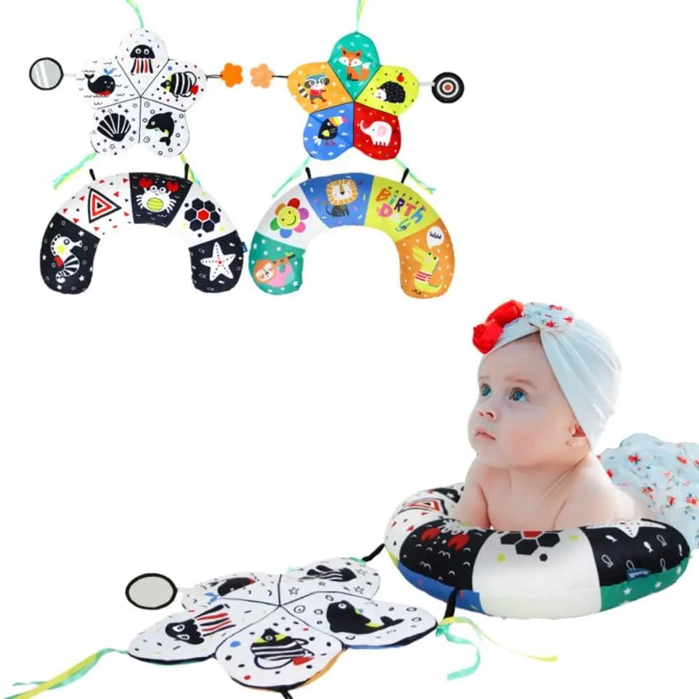 Cuscino per la pancia del bambino a forma di U con massaggiagengive a specchio con tappetino increspato per il tempo della pancia in bianco e nero ad alto contrasto