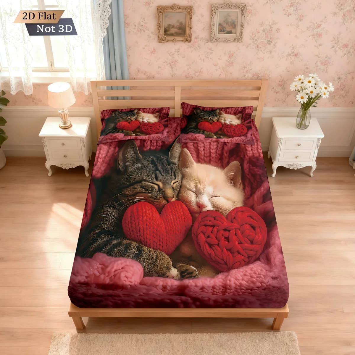 Set di lenzuola coreless con stampa di gatti carini e romantici per San Valentino, 3 pezzi, decorazione per coprirezzi per camera da letto multi-dimensione, lavabile in lavatrice