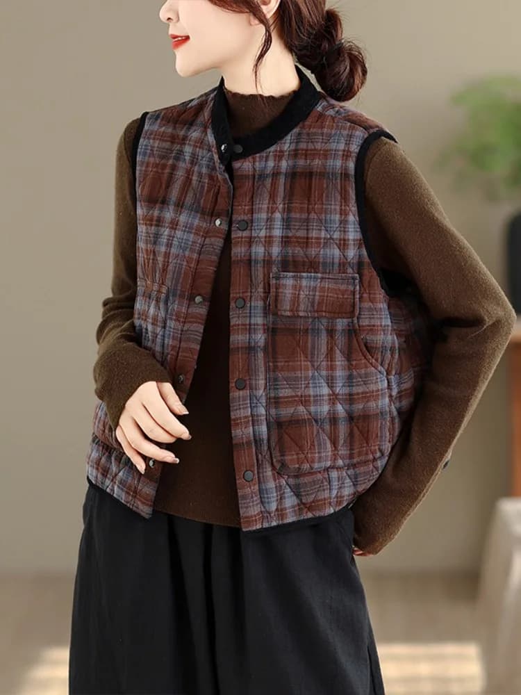 Trendy Plaid Short Vest Women's Winter Warm Cotton Filled Slimming Inner Wear Fashionable Layering Shoulder Pad Jacket