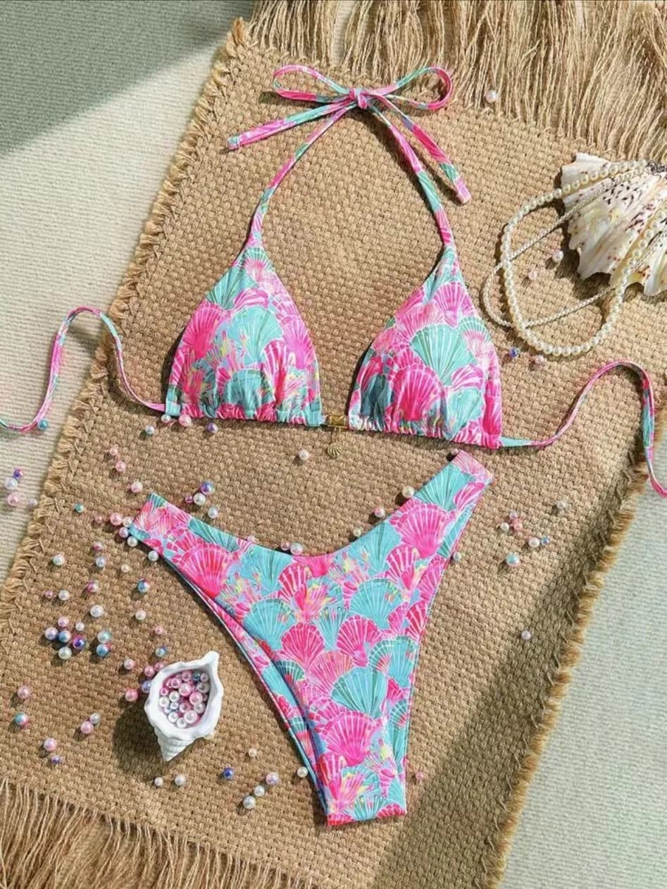 Multi-Color Print Backless Bikini Set Halter 2 Piece Swimsuit