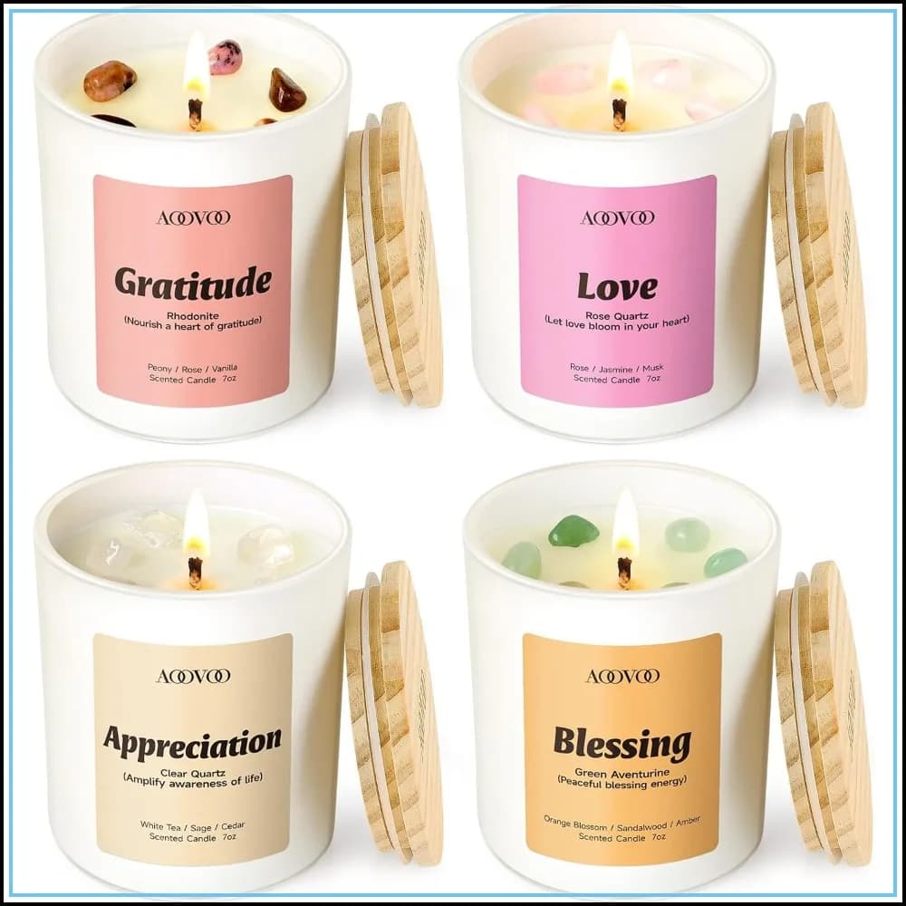 Healing Candles Set with Crystals - 4 Pack Scented Aromatherapy, Long Burning 40-50H Each