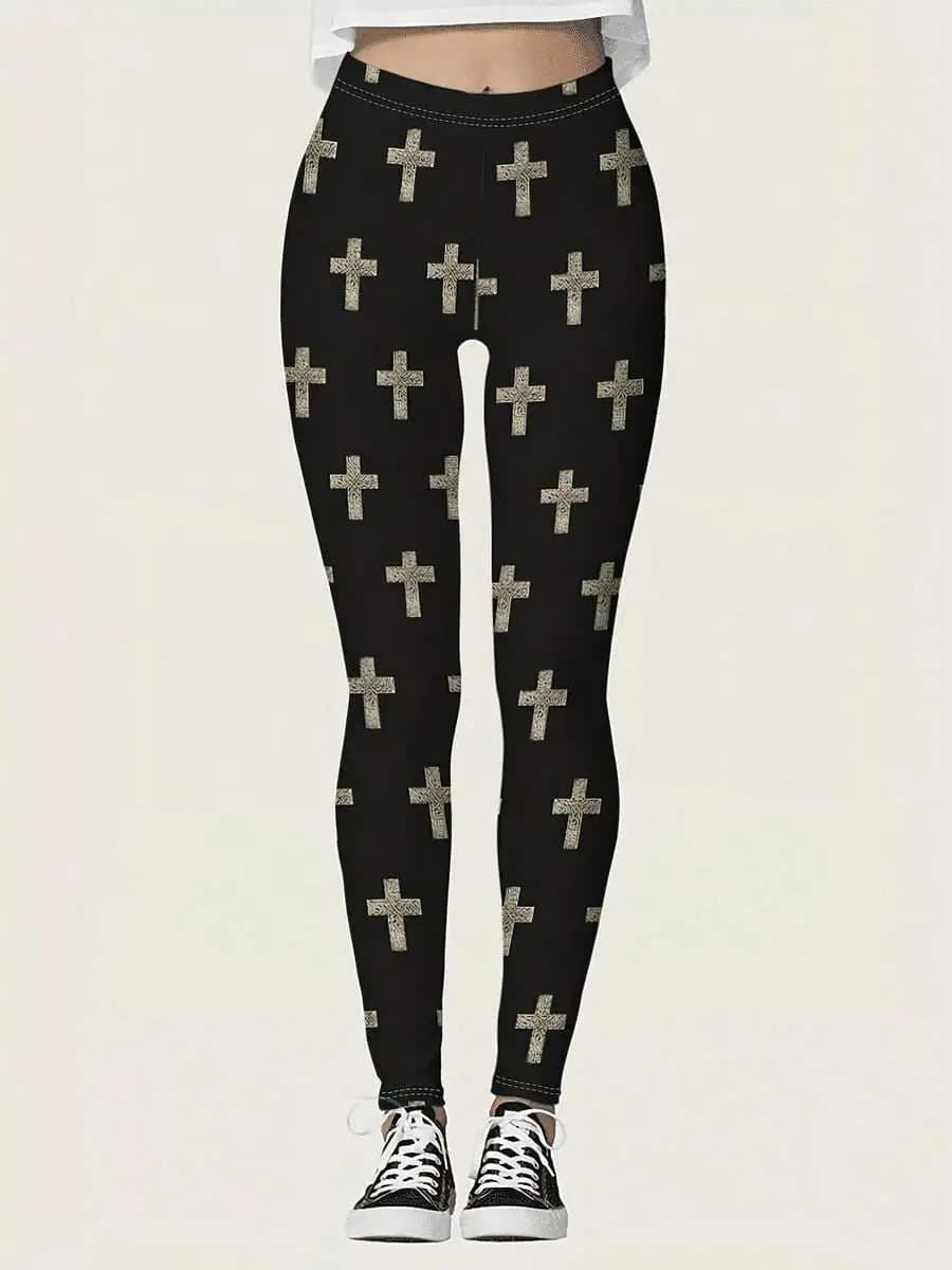 Leggings da donna a vita alta con stampa incrociata, tessuto morbido ed elasticizzato, pantaloni casual da yoga