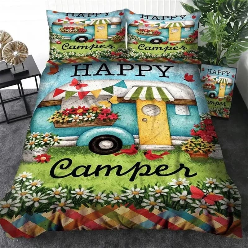 Copripiumino per auto da campeggio Set di biancheria da letto a tema da viaggio Copripiumino da campeggio per animali dei cartoni animati King completo per adolescenti Regali per camper per adulti