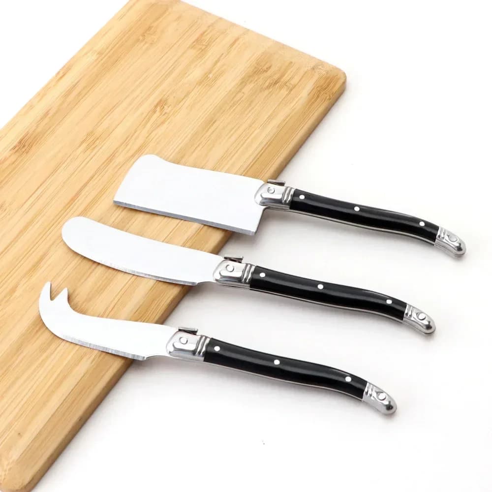 Set of 3 cheese knives, butter and jam scraper, pizza tip knife with plastic handle wood effect, Clever cheese knife