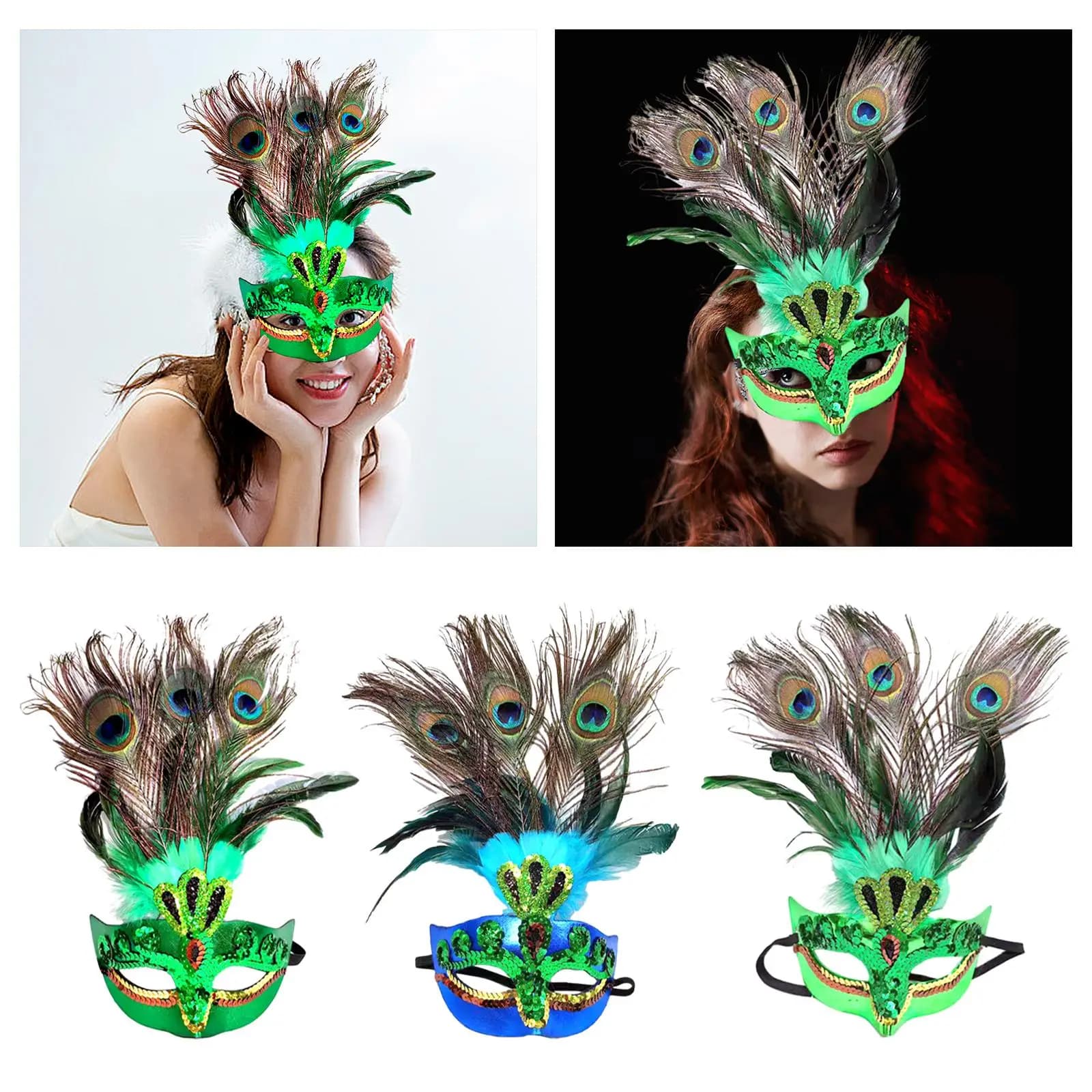 Maschera di piume di pavone con fascia elastica Accessori cosplay Mezza maschera per ballo di fine anno Palcoscenico musicale Notte di danza Donna Uomo