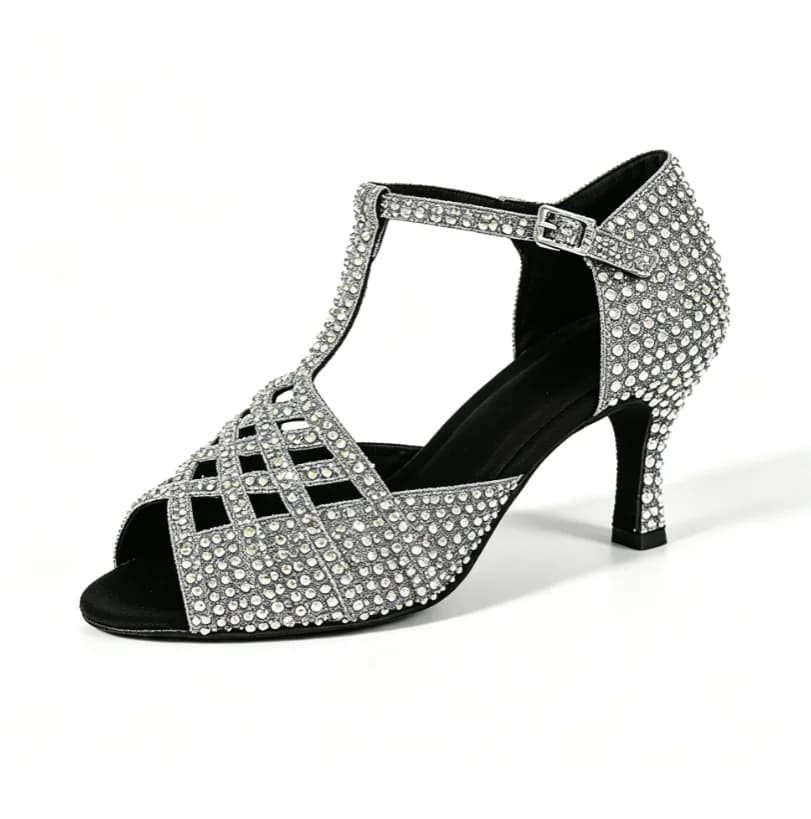 Women Rhinestone Latin Dance Shoes T‑Strap 7cm Heel Sneaker Sandals Girls Ballroom Salsa Tango Competition Party Dance Footwear
