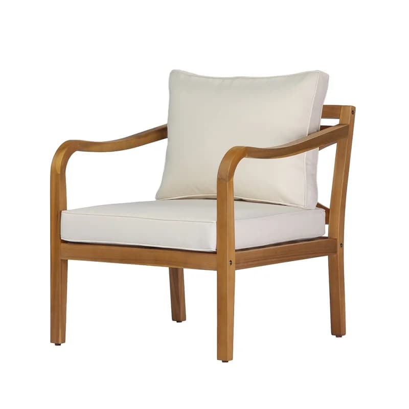 Teak Finish Acacia Wood Club Chair with Beige Cushion, 24" Deep Seat for Porch, Garden, Backyard, Balcony