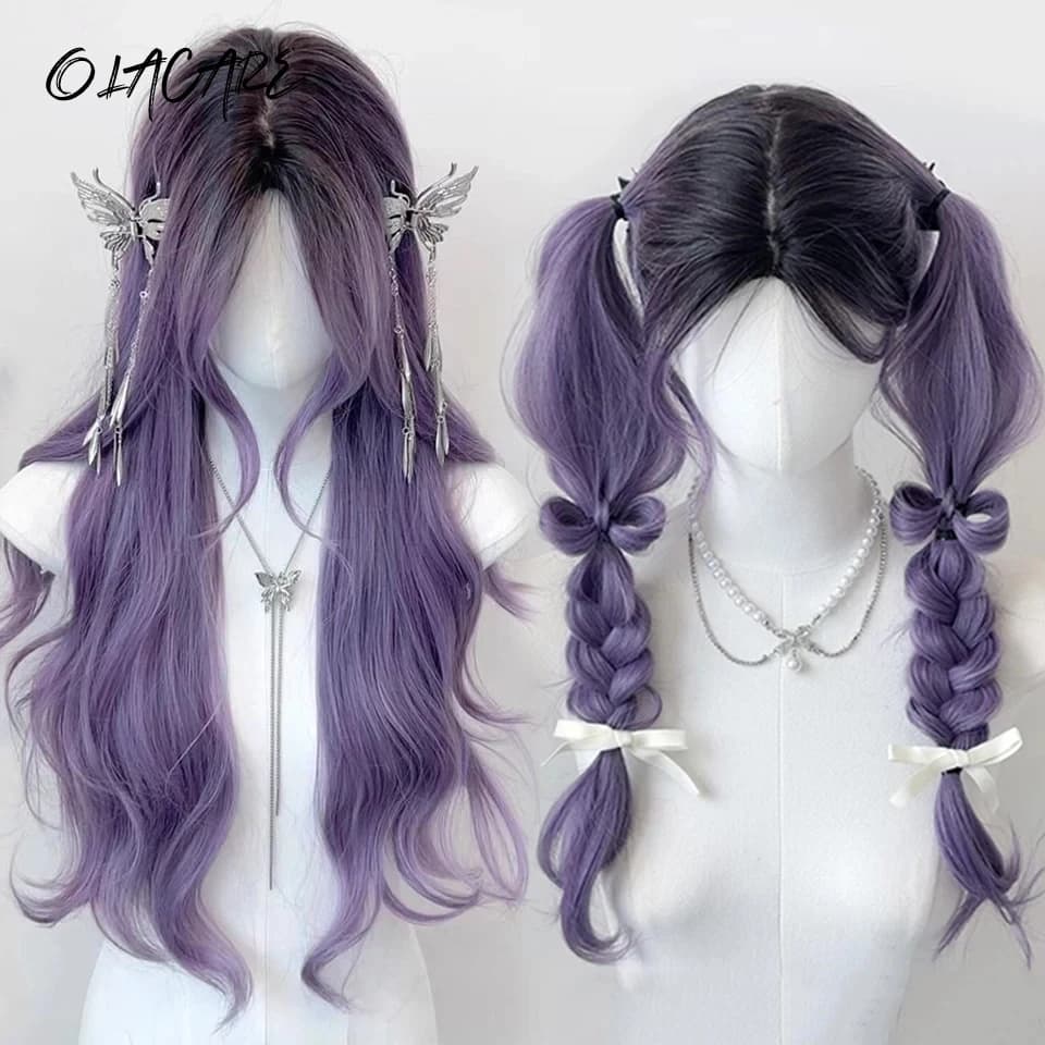 OLACARE Long Body Wave Black Brown Purple Cosplay Wigs Heat Resistant Synthetic Wigs Middle Part Natural Lolita LM Wigs Women