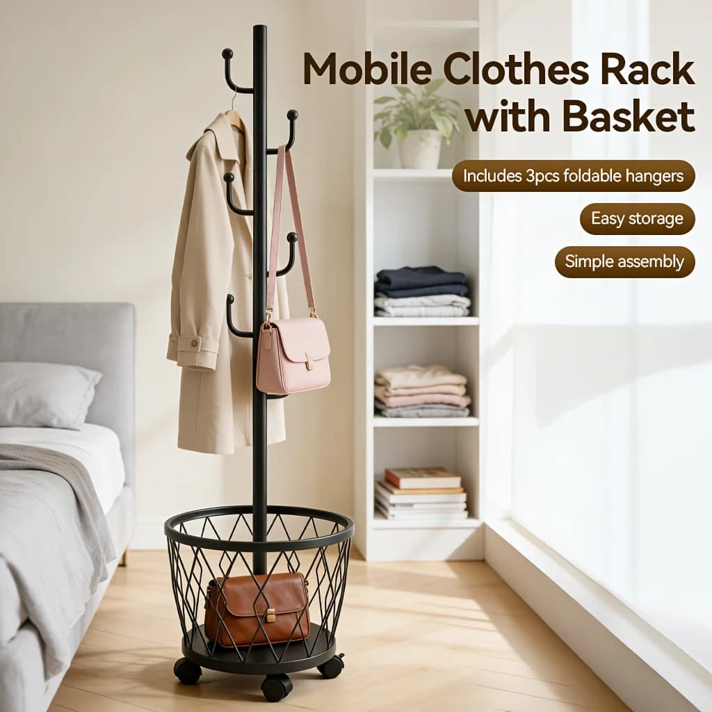Stylish 2-in-1 Mobile Metal Coat Rack with Woven Basket — Freestanding Rolling Garment Organizer for Entryway or Bedroom. Sleek Golden, White & Black Finish. Easy-Glide Wheels, Space-Saving Design, Sturdy Construction. Perfect for Hanging Coats, Bags, Sca