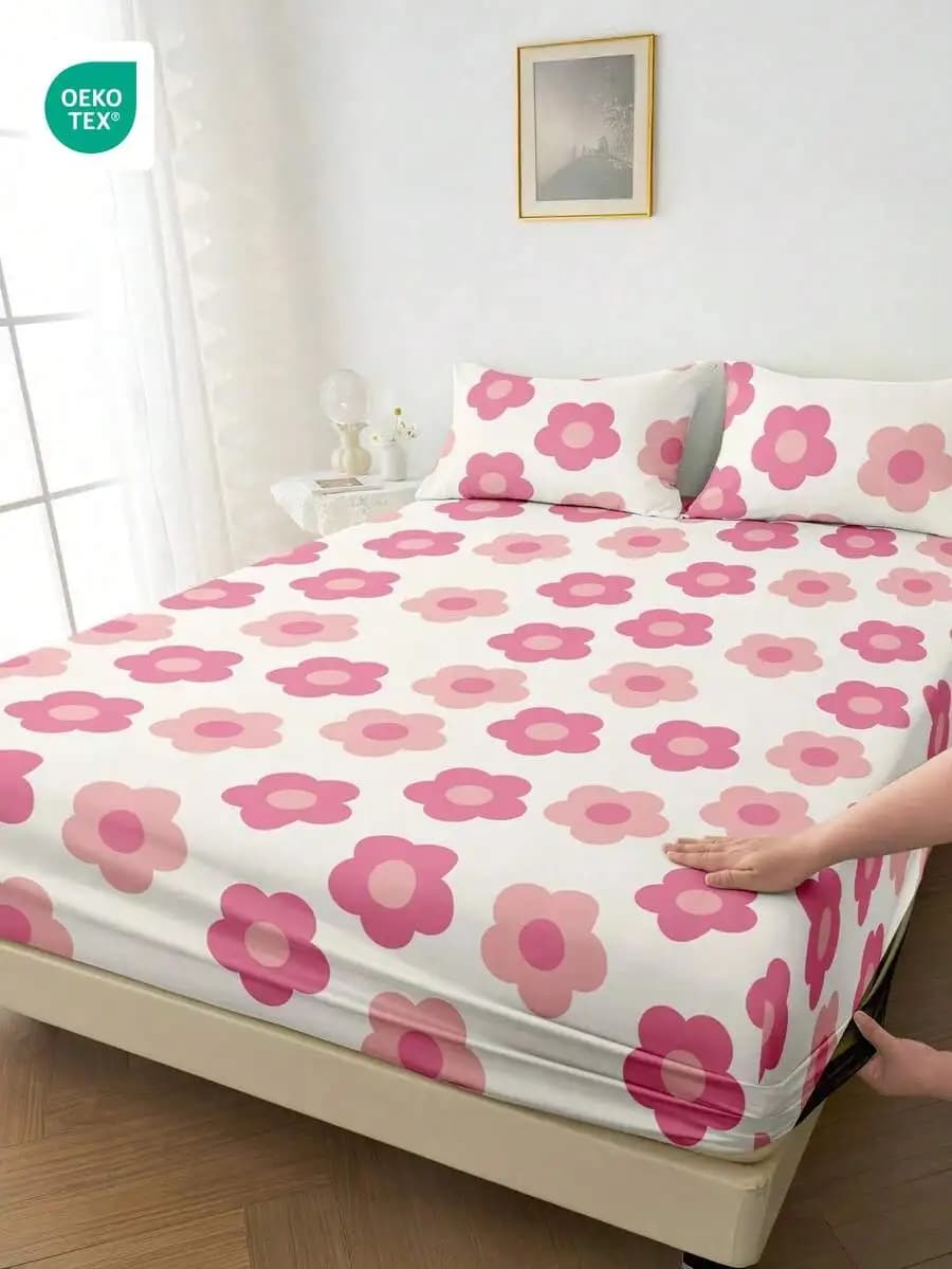 1 sheet with corners with floral print - Soft and breathable pocket with pink daisy pattern