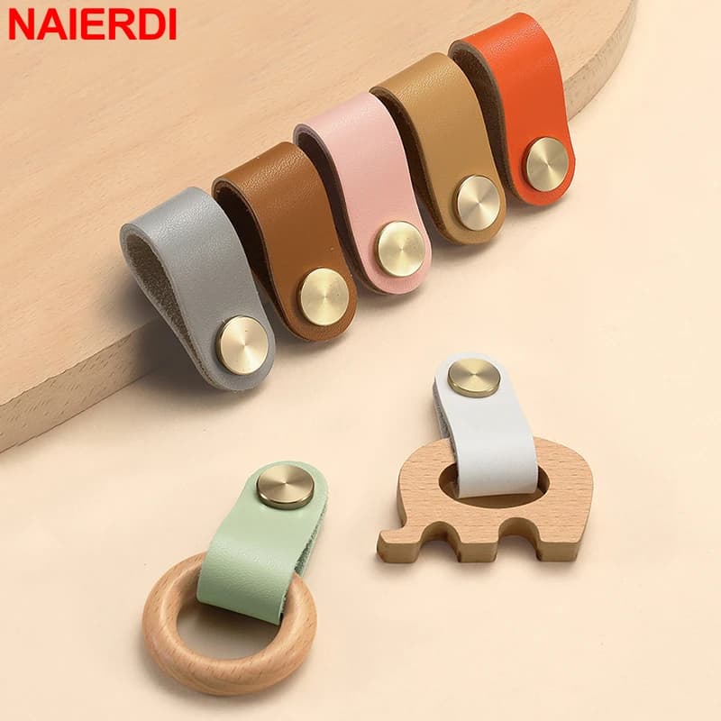 Maniglie per mobili in pelle di vacchetta NAIERDI maniglia per mobili nordici per camera dei bambini manopole per cassetti con maniglia da cucina in legno di elefante