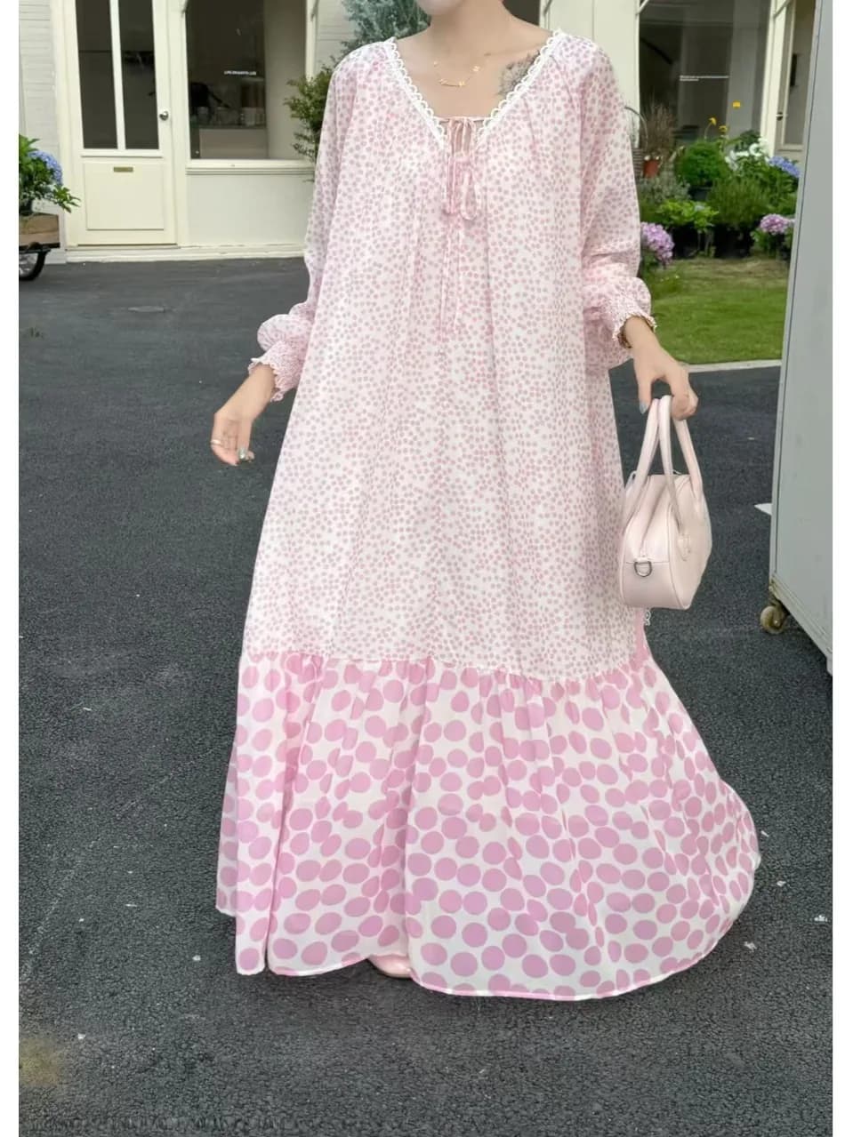 Authentic Summer Polka Dot Skirt Long Sleeve V Neck Slimming Lace Belted Dress Elegant Style Polyester Fiber Puffy Skirt