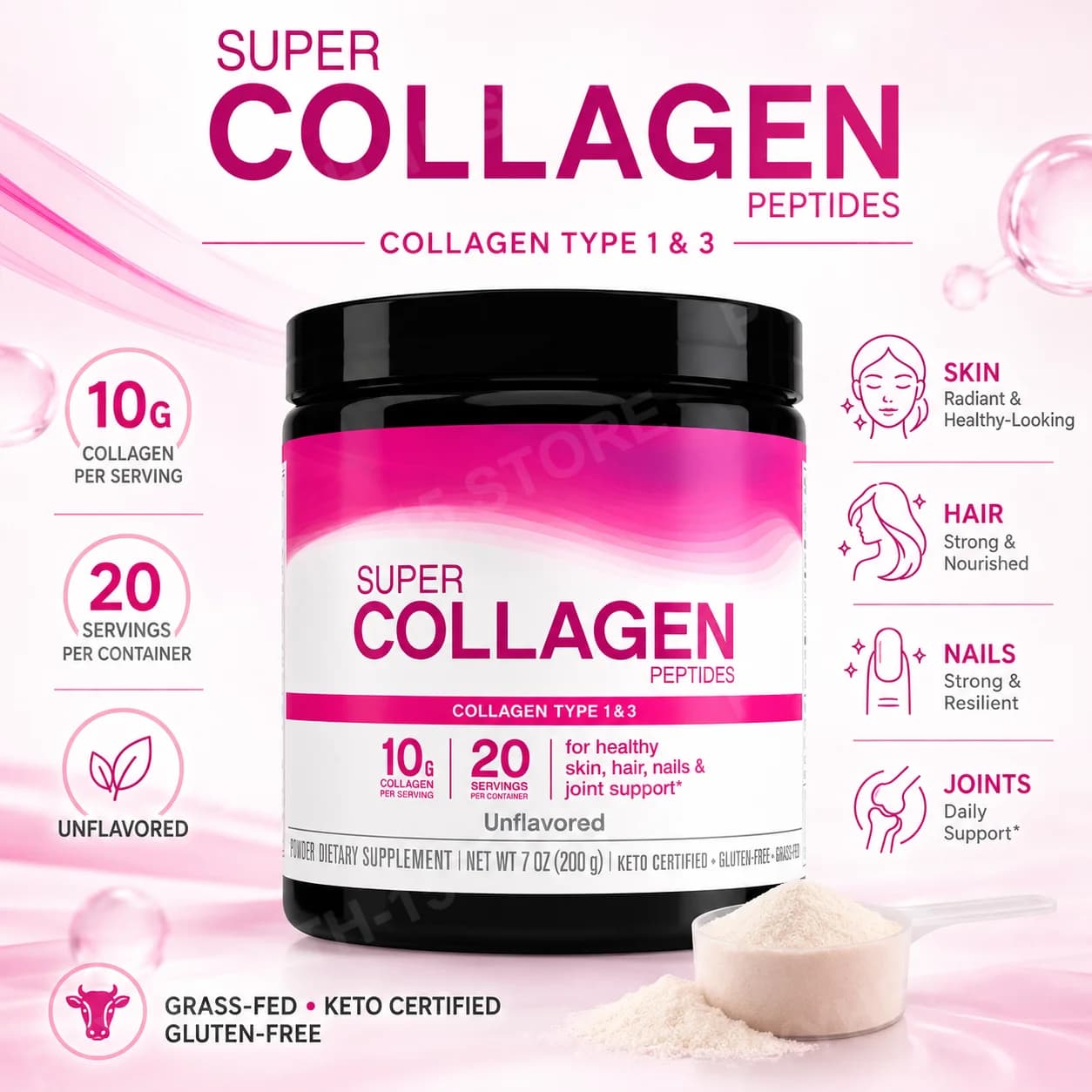 Unflavored Collagen Peptides Powder 10g Per Serving Hydrolyzed Bovine Protein 20 Servings Daily Nutrition Support for Adults
