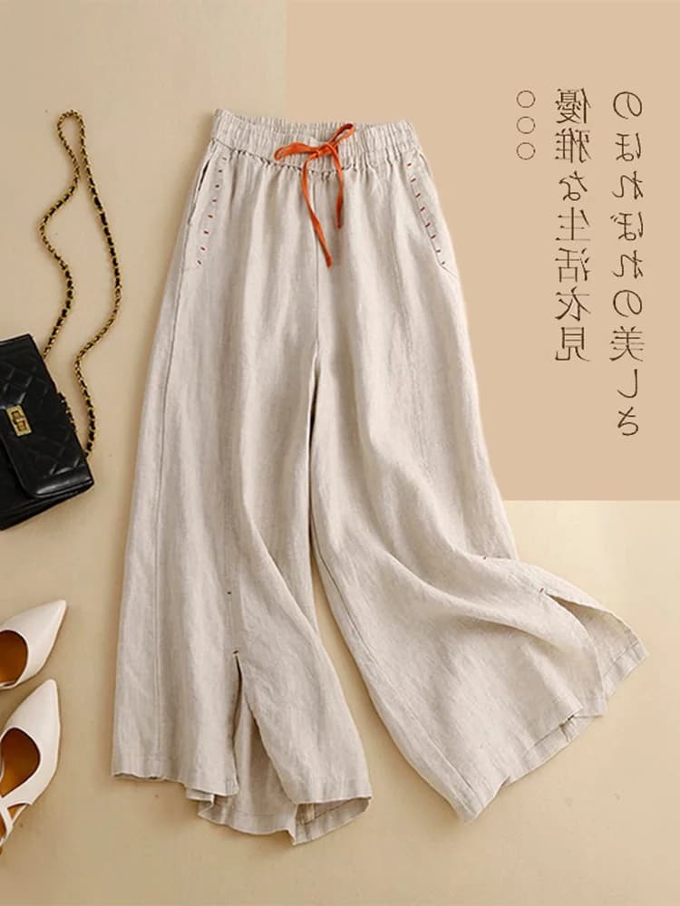 Japanese Style Women's Cotton Linen Wide Leg Pants Vintage Casual High Waist Nine Points Skirt Loose Fit Comfortable Trousers