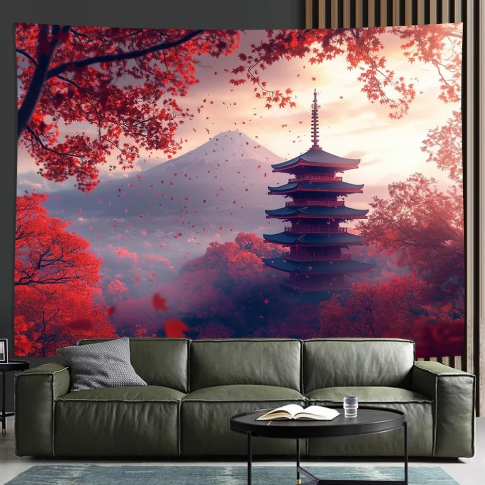 Traditional Japanese Architecture and Mount Fuji Landscape Wall Hanging Living Room Bedroom Decorative Polyester Tapestries