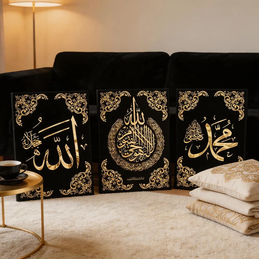 3pcs/Set Wooden Frame Canvas Wall Art, Black Golden Floral Religious Script Paint, Living Room Bedroom Kitchen Office Home Decor