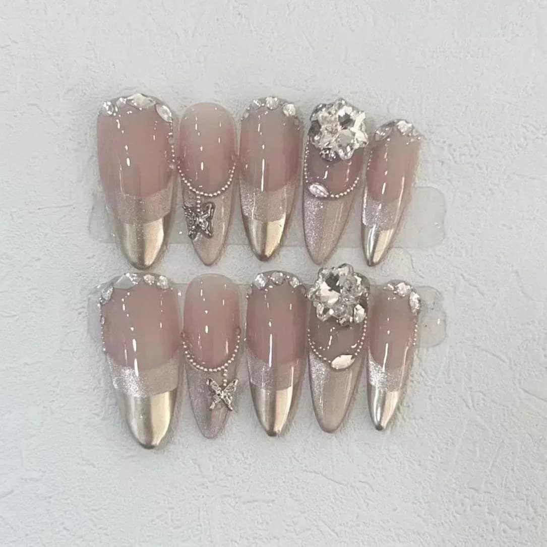 10 pieces handmade print on nails cover complete butterfly rhinestones design pink almond nails fake wearable manicure tips for artistic nails