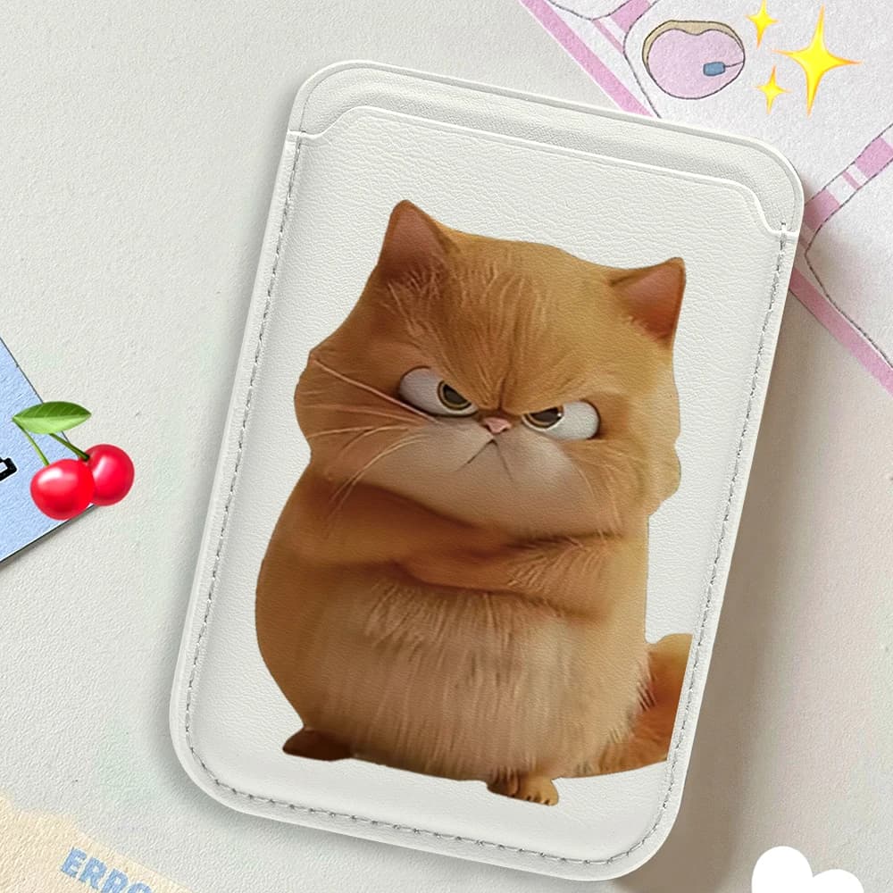 Leather wallet with credit card case, magnetic support for phone, fun cat case, suitable for all iPhones, compatible with MagSafe, back case for phone with card holder.