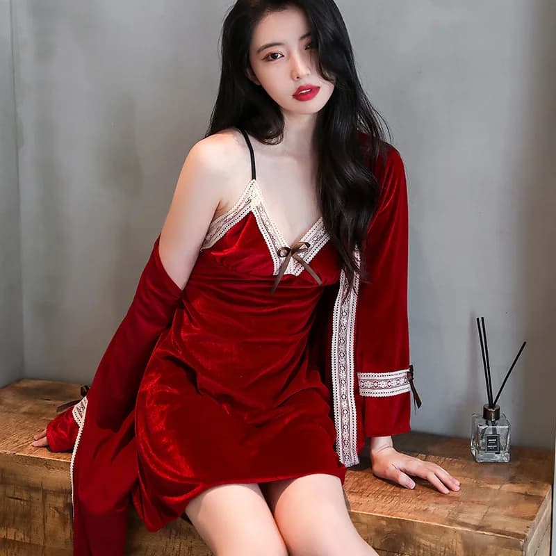Wedding Wedding Night Shirt and Dress Set Autumn Winter Velvet Nightwear Elegant Lace Trim Spaghetti Strap Women's Hot Bathrobe Kimono Dress